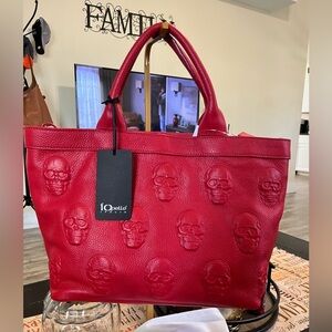 NWT IO PELLE Italia 3D Skull Red Med Tote W/crossbody strap Italian leather